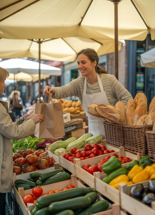 Shopper buying fresh fruit and vegetables at a farmers market