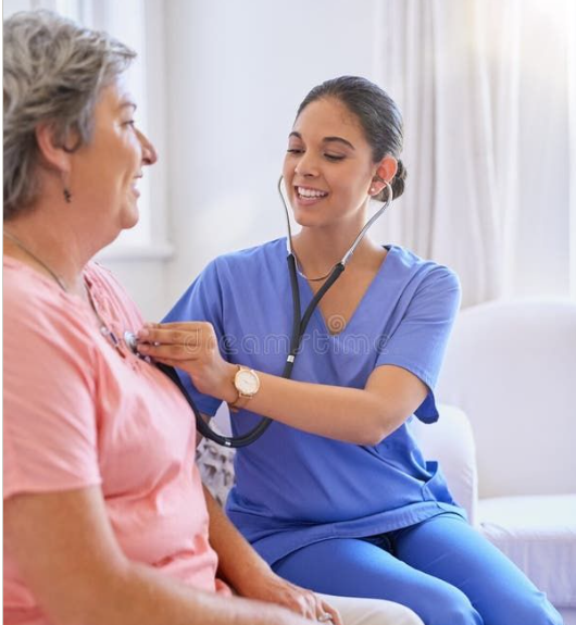 Nurse checking a patient's heart rate with a stethoscope