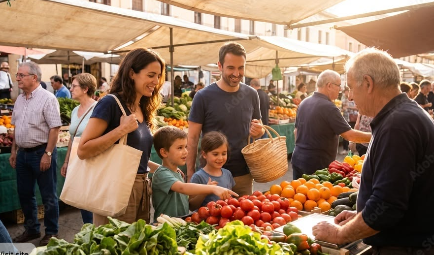 Family shopping for fresh produce at a local farmers market