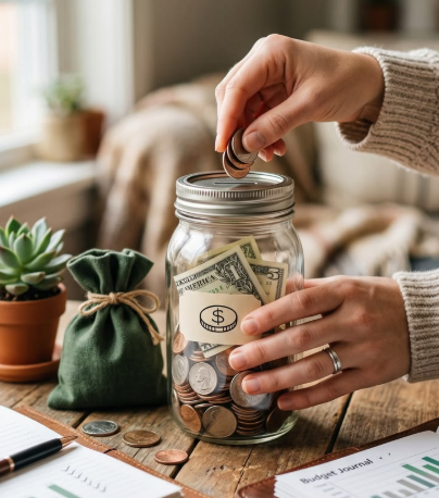 Family savings jar with cash and coins on a kitchen table