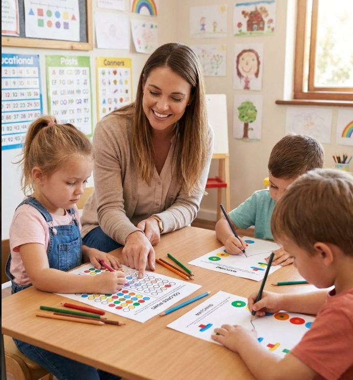 Teacher helping young children with a classroom activity